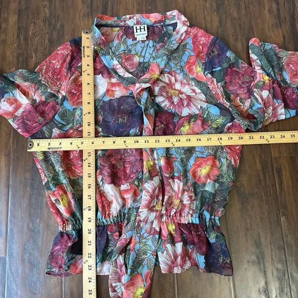 HAUTE HIPPIE Top Blouse Red Floral Silk Chiffon Sheer Puff Sleeve Boho - Picture 10 of 10